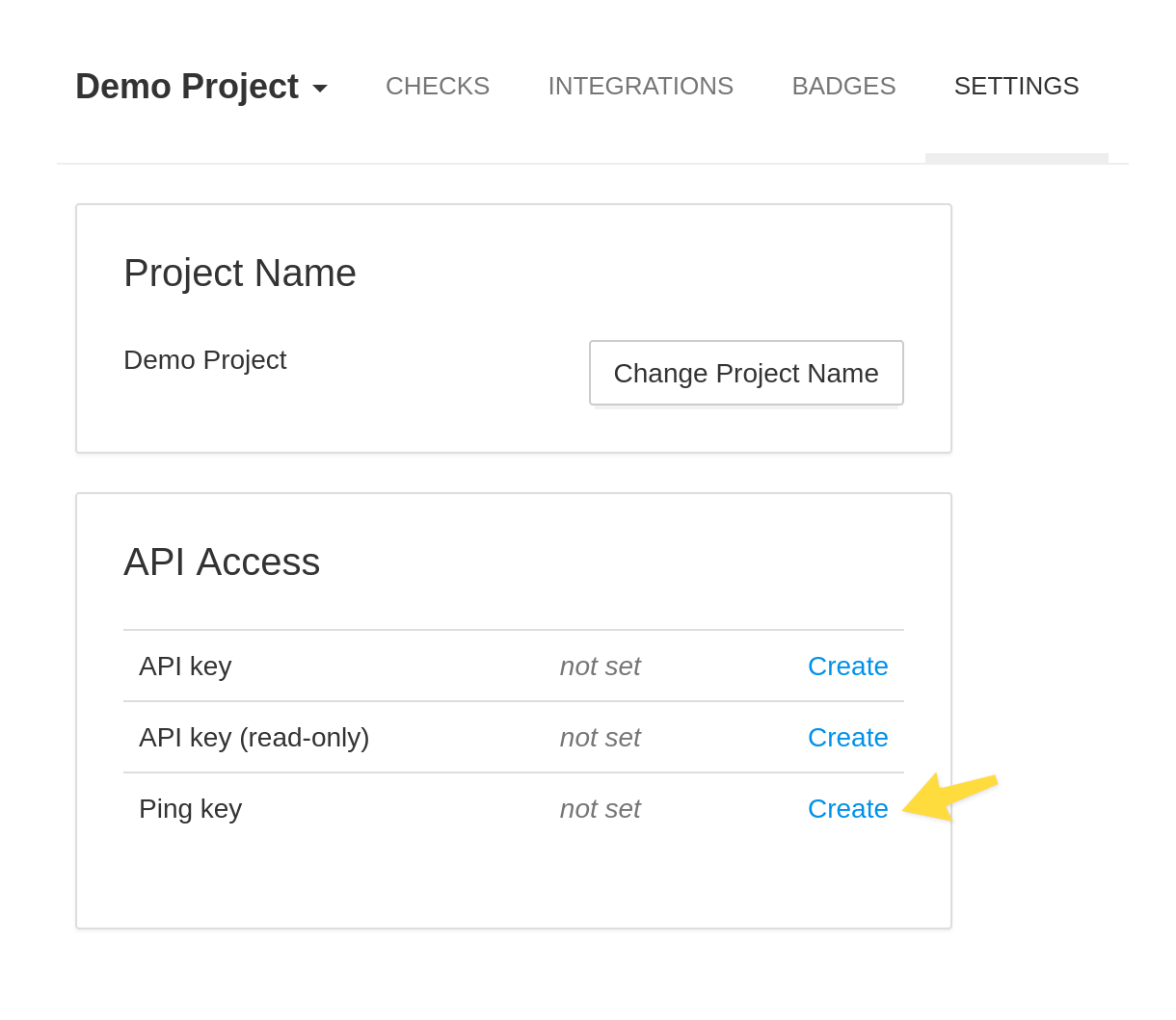 Ping Key in the Project Settings page